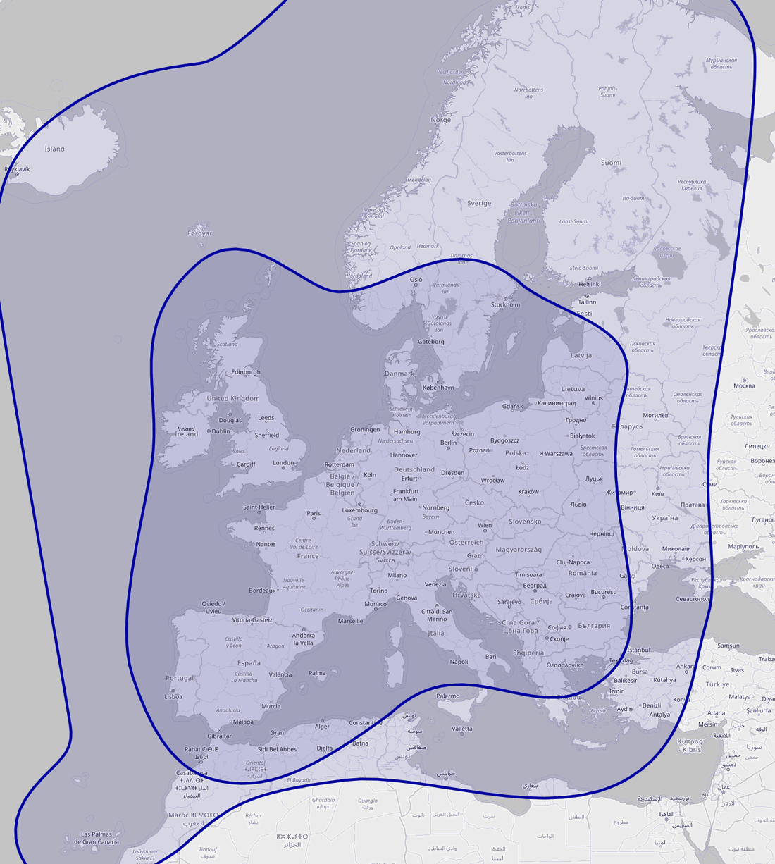 Europa-Karte mit Empfangsgrenzen des ASTRA-Satelliten, Kerngebiet ohne Skandinavien und West-Russland.
