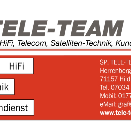 Die Visitenkarte von Tele Team Graf. Die Informationen sind im folgenden Text zu finden.