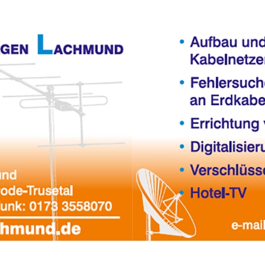 Visitenkarte Antennenbau Lachmund, dessen Informationen im folgenden Text aufgeführt sind.