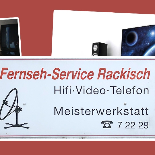 Die Visitenkarte von Fernseh-Service Rackisch. Die Informationen sind im folgenden Text zu finden.
