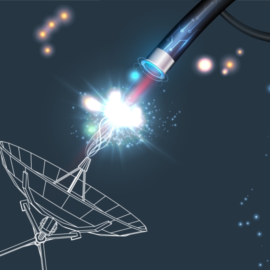 Satellit und Kabel berühren sich und sprühen Funken.