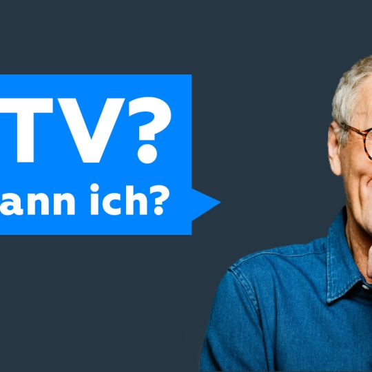 Eine Person schaut nachdenklich, mit einer Sprachblase, in der ‚SAT-TV? Will ich! Kann ich?‘ steht.