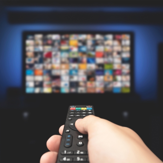 Eine Fernbedienung in der Hand zeigt auf einen Fernseher, auf dem mehrere Sender angezeigt werden.