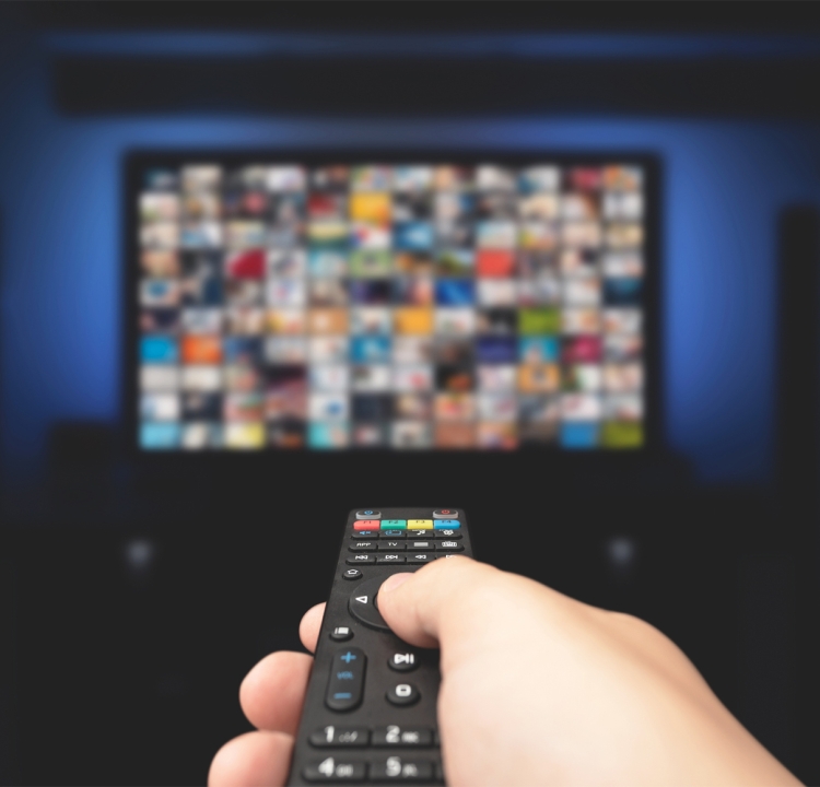 Eine Fernbedienung in der Hand zeigt auf einen Fernseher, auf dem mehrere Sender angezeigt werden.
