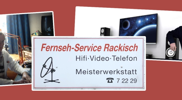 Die Visitenkarte von Fernseh-Service Rackisch. Die Informationen sind im folgenden Text zu finden.