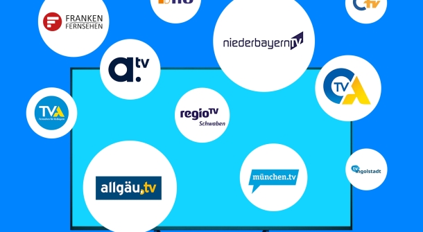 Grafik eines Fernsehers umgeben von Logos verschiedener Fernsehsender.